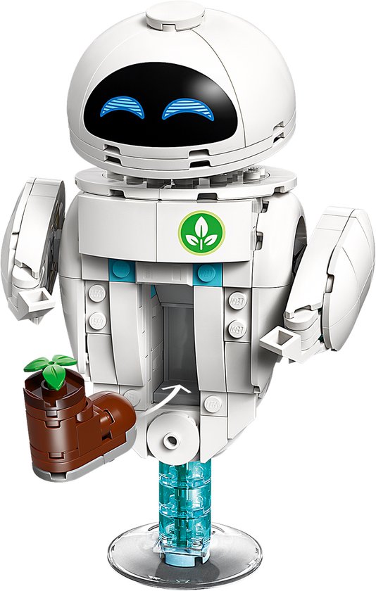 Robot LEGO EVE tenant une petite plante dans une chaussure, sur fond noir.