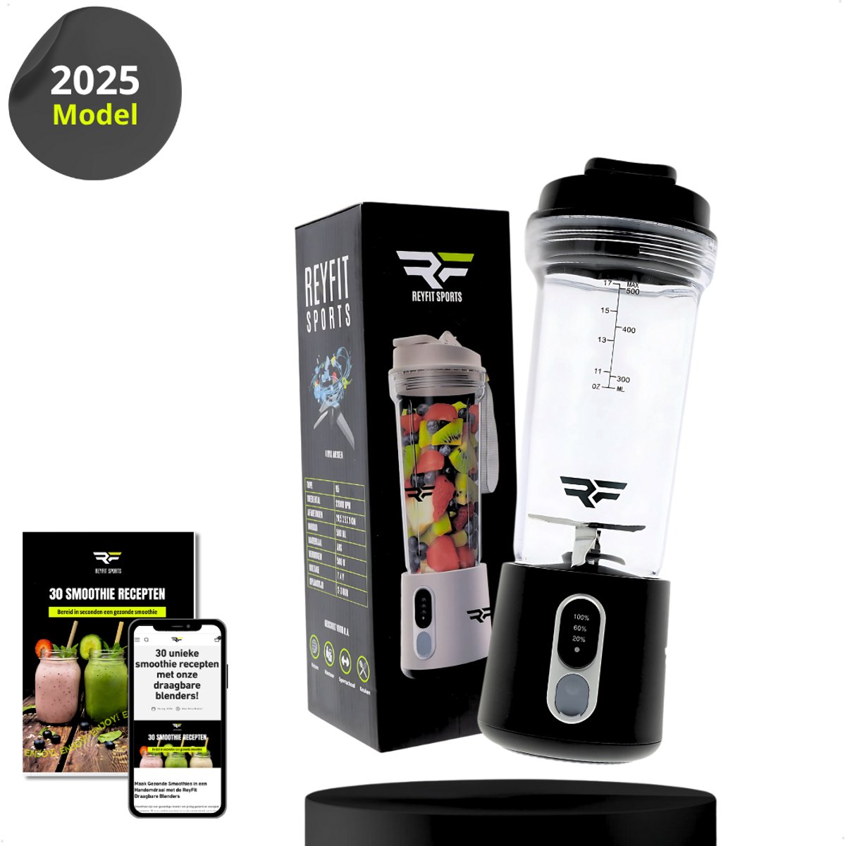 ReyFit Sports Draagbare Blender – Blender To Go– Portable Blender – Smoothie maker - Protein Shaker - Mixer - Draadloos - Zwart - Black - Sint & Kerst Cadeau