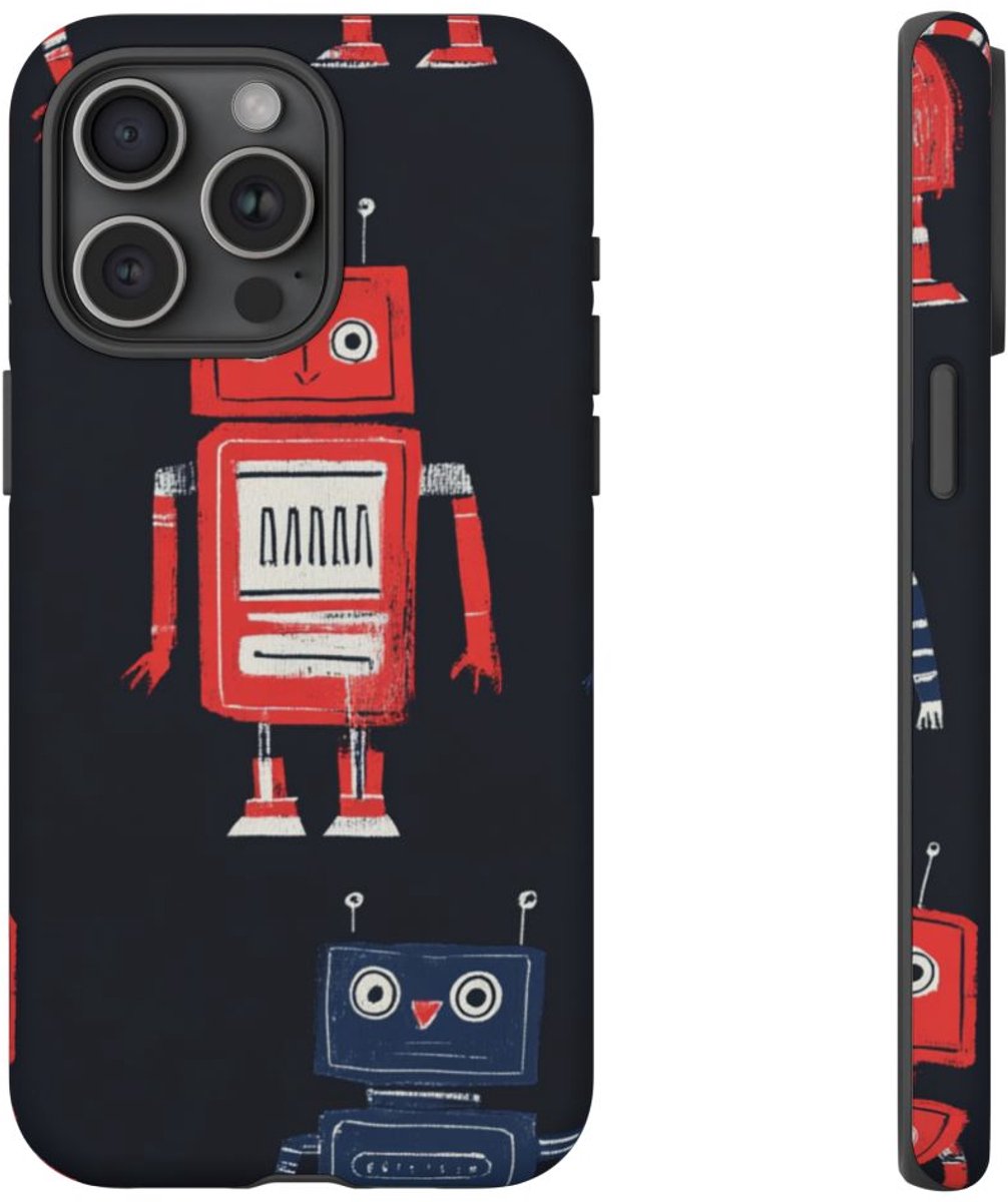 Retro Robotpatroon in Rood en Blauw – Telefoonhoesje Geschikt voor iPhone 15 Pro Max