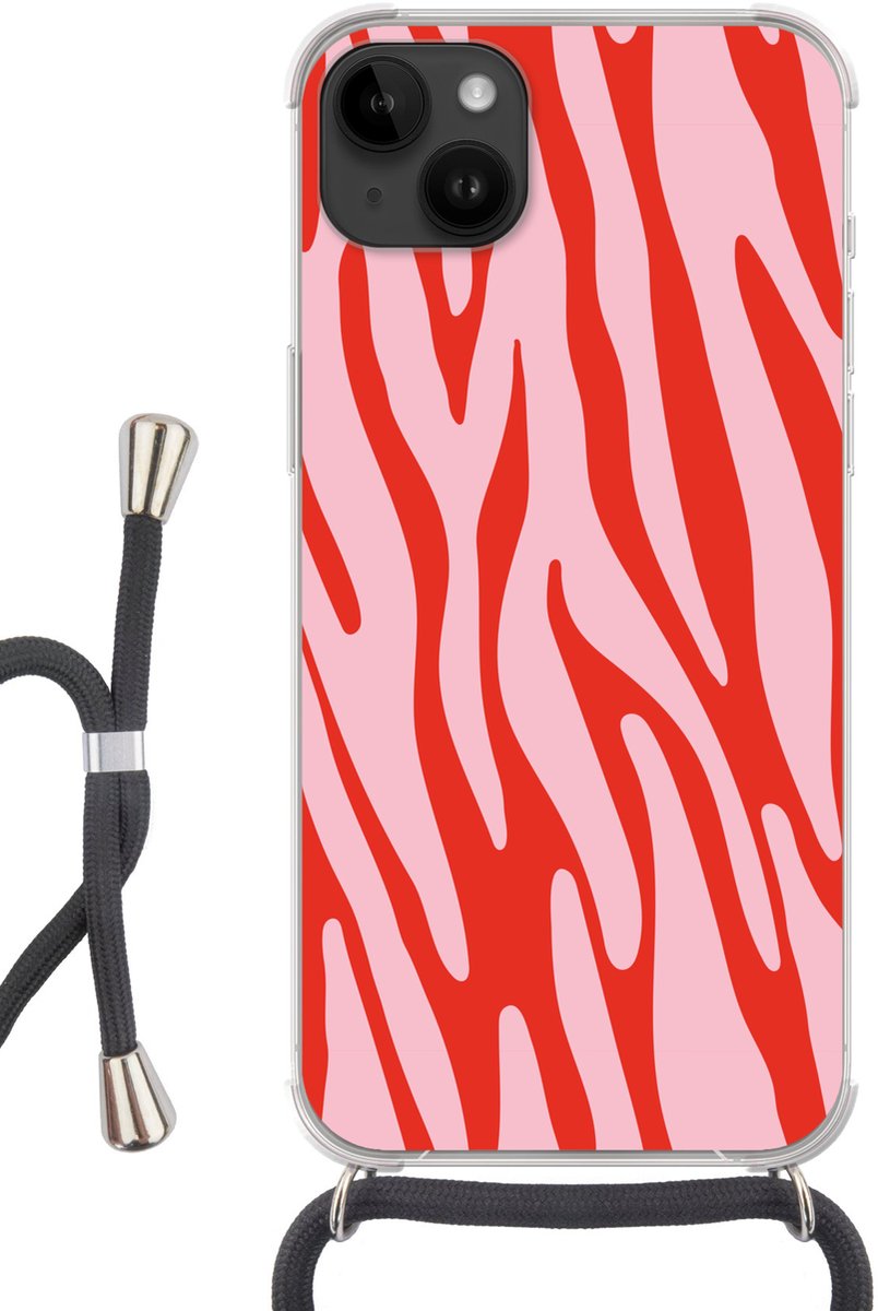 Telefoonhoesje Geschikt voor Apple Iphone 14 Max - Zebraprint - Roze - Rood - Dierenprint - Siliconen - Crossbody - Backcover met Koord - Telefoonhoesje met koord - Hoesje met touw Telefoonhoesje