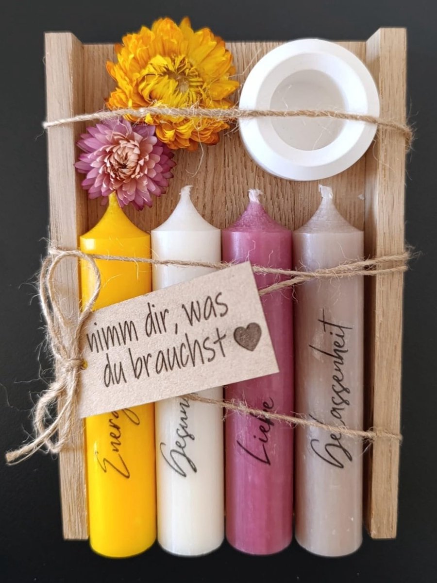 Kaarsen cadeauset verjaardagscadeau voor vrouw of vriendin | neem mee wat je nodig hebt | souvenir | kaarsenhouder houten doos met kaarsendecoratie en strobloemen