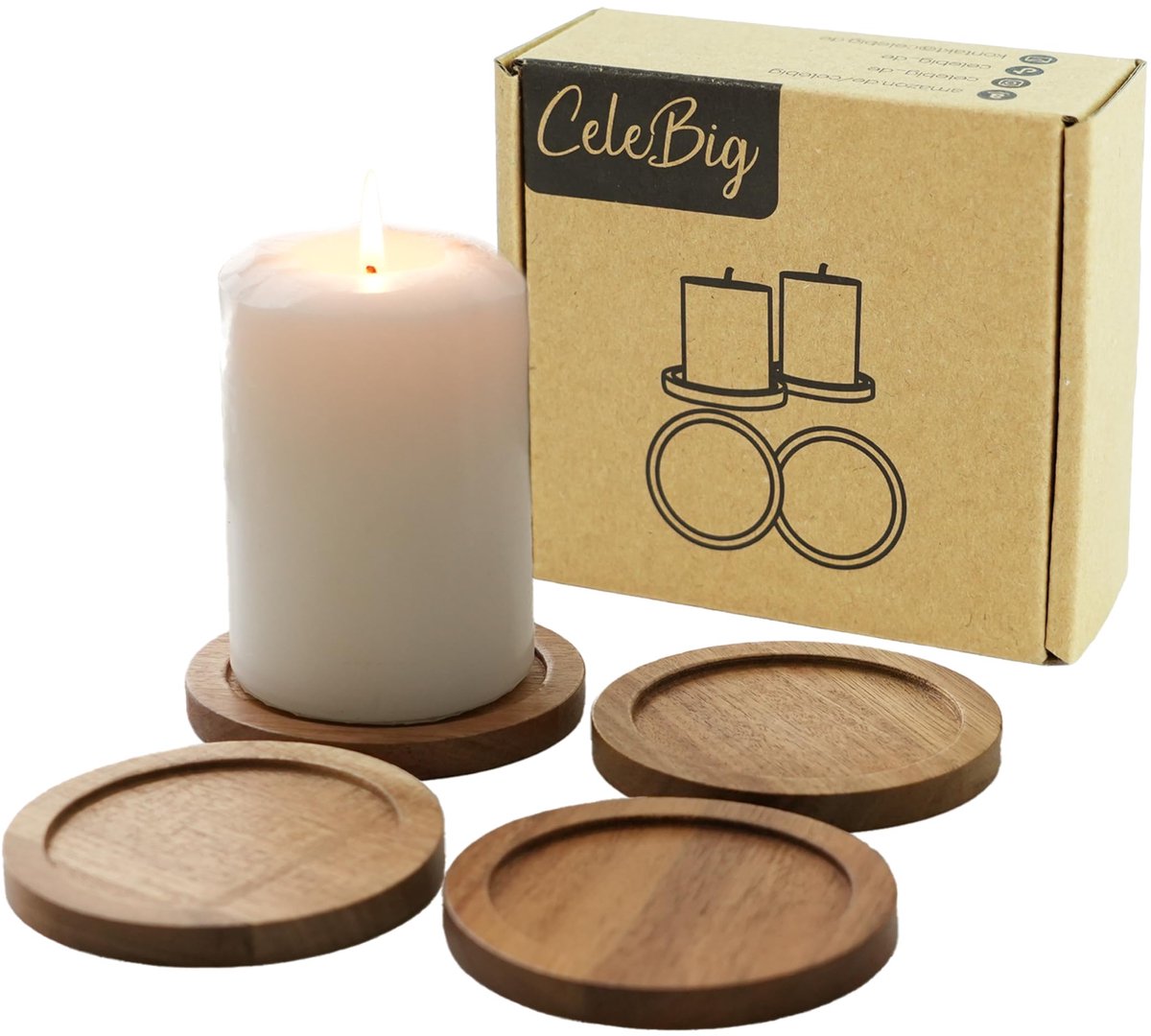 CeleBig Kaarsenonderzetters Set van 4 | Rond Ø10cm voor Stompkaarsen & Theelichtjes | Natuurlijke tafeldecoratie voor woonkamer & Kerstmis | Rustieke houtlook | Cadeau-idee voor thuis | Acaciahout
