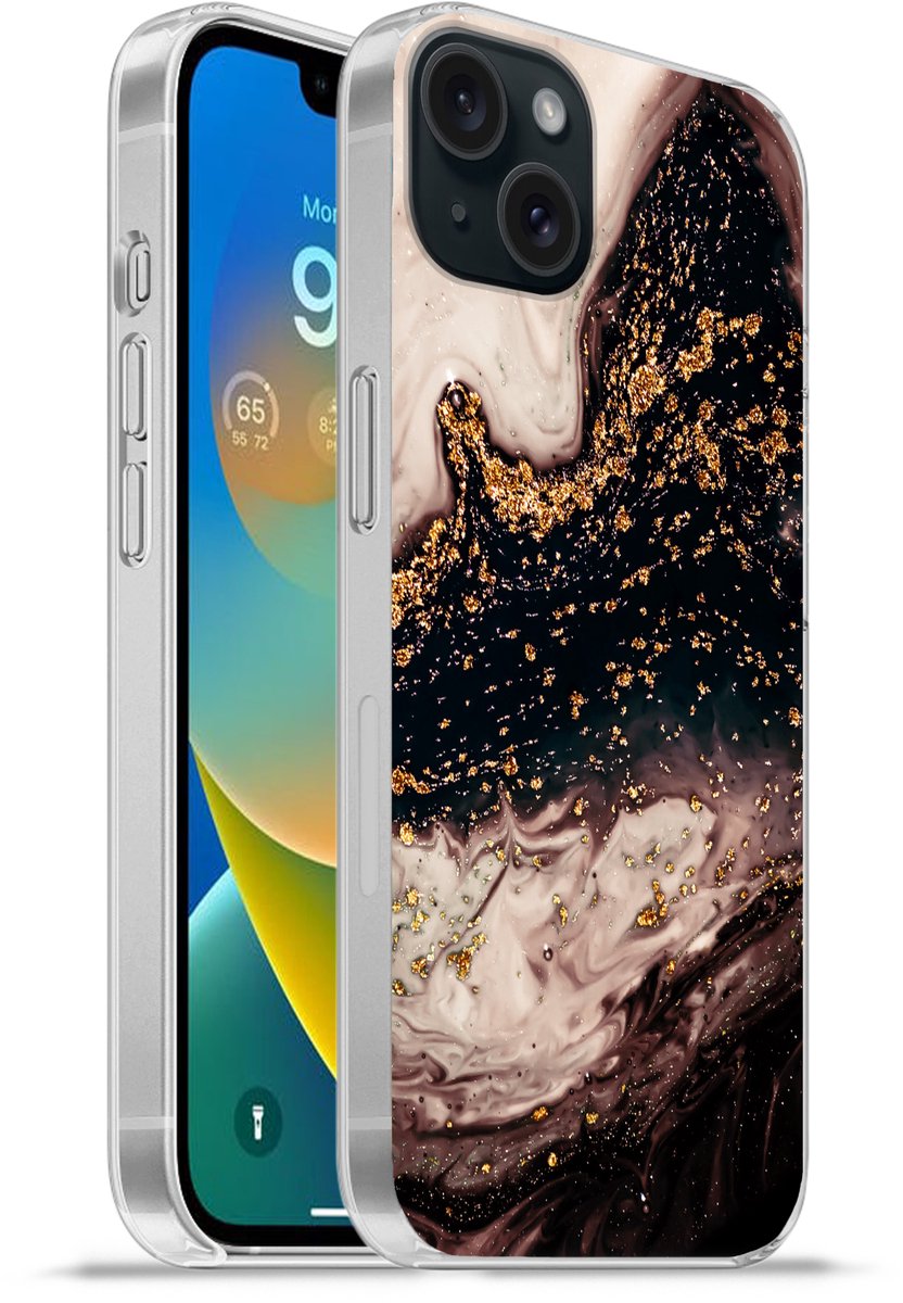 Telefoonhoesje Geschikt voor iPhone 15 Plus hoesje - Natuursteen - Goud - Zwart - Siliconen Telefoonhoesje Telefoonhoesje