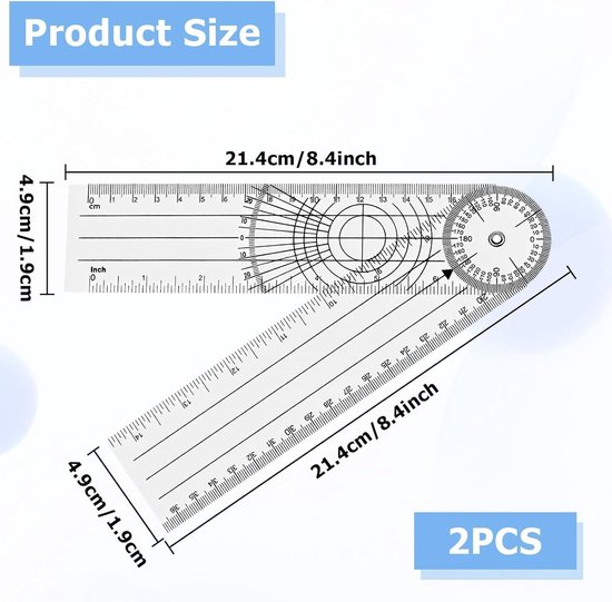 Pack of 2 Goniometer - Protractor - Angle Gauge - PVC - Medical Protractor - 360 Degrees - Transparent Hinge Knife - 36 cm - Angle Ruler voor Physiotherapie - Sports Therapie van Merkloos	 — afbeelding 5