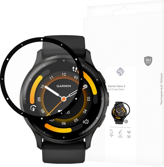 Garmin Venu 3 smartwatch met zwarte band, een schermprotector geplaatst.