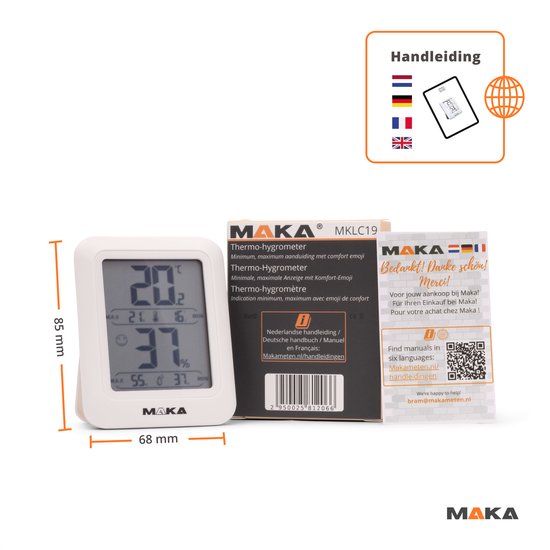MAKA digitale hygrometer MKL C19, 20.2°C, 37% luchtvochtigheid. Afmetingen 68x85mm. Inclusief handleiding en AAA batterij.