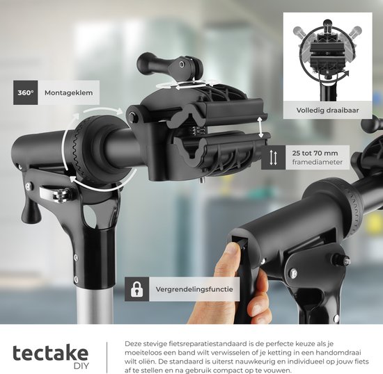 tectake® Fiets Montagestandaard - Fietsenstandaard - Fietslift - E-Bike & Fiets Reparatiestandaard - Geschikt voor alle soorten Fietsframes - Traploos Verstelbaar (106 - 169 cm) en 360° draaibaar - met Magnetische Gereedschapsbak van Tectake — afbeelding 2