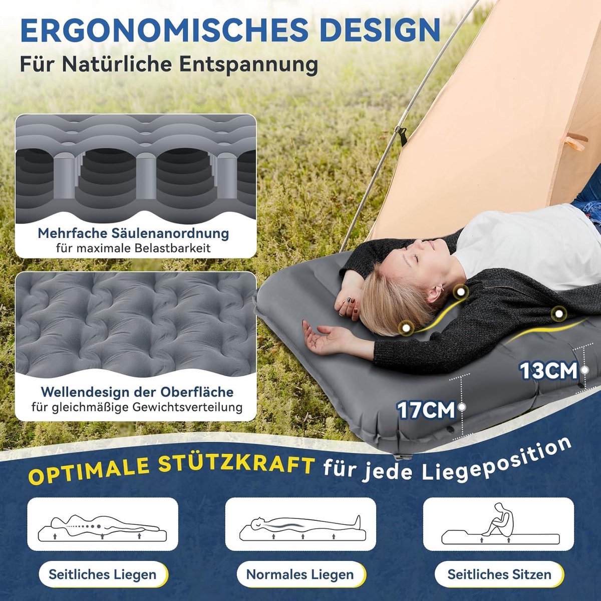 13 cm Ultra Dik Zelfopblaasbaar Slaapmatje met Kussen - Lichtgewicht en Compact voor Outdoor Hiking Tent - Grijs