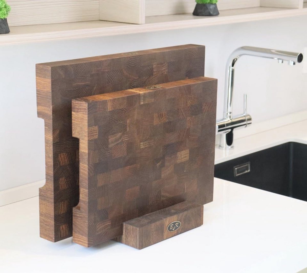 Set van 2 hakblokken met houten standaard | Handgemaakte snijplank met handgrepen | Antibacteriële keukenplank met antislip voetjes — cadeau in Kookcadeaus - foto 5