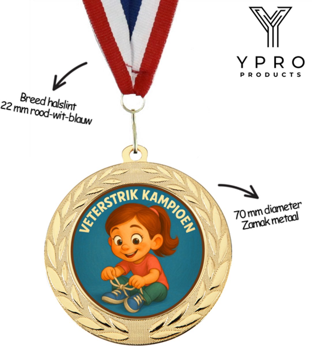 Veterstrik Kampioen Medaille Meisje – Goudkleurig – 70 mm – Met Rood-Wit-Blauw Halslint – Leren Veters Strikken Was Nog Nooit Zo Leuk!