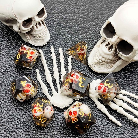 Ensemble de dés Joya Kids® Dungeons and Dragons | Set de Dés DnD Polydice | Ensemble de dés D&D | Ensemble de 7 pièces en résine | Coffre de rangement de Luxe inclus | Crâne Zwart avec rouge | Crâne