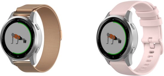 Bracelet milanais Strap-it (or Goud) + bracelet en Siliconen (rose) - Compatible avec Vivoactive 4S - Bracelet en acier inoxydable - Bracelet magnétique - Design Luxe et respirant - Bracelet sport