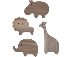 DWIH® - 4 stuks - houten kapstok haken - dieren - kinderkamer - olifant - leeuw - nijlpaard - giraffe - Walnoot