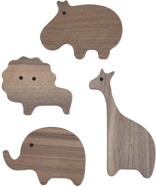 DWIH® - 4 stuks - houten kapstok haken - dieren - kinderkamer - olifant - leeuw - nijlpaard - giraffe - Walnoot
