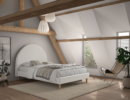 Lit rembourré Maeva 140x200cm - tissu bouclé blanc - Vipack - Lits doubles rembourrés - Blanc - Textile - Lits doubles rembourrés