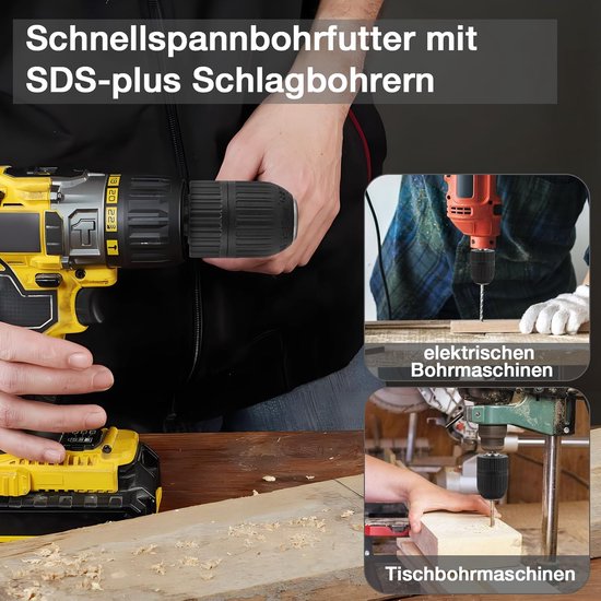 Man met gele handschoenen houdt een boormachine vast. Inzet: SDS-boorkop en boormachines.