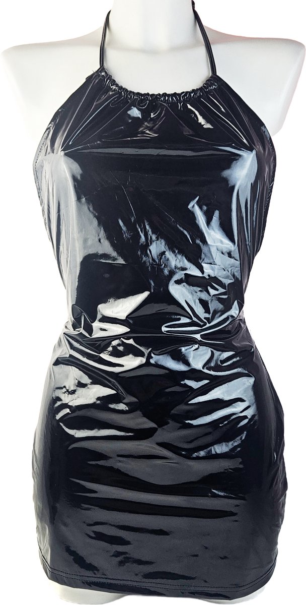 BamBella® Jurk - Maat L/XL - Zwart dames kleding sexy Glans kleding mix van Latex en stof Datex Wetlook