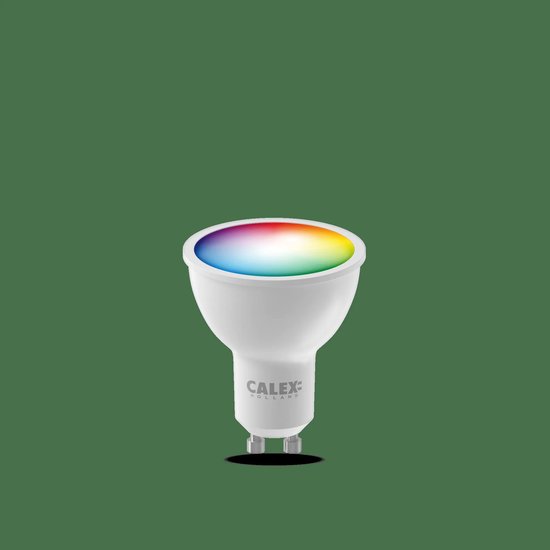 Witte Calex GU10 lamp met regenboogkleurig licht bovenaan en 'CALEX HOLLAND' logo.