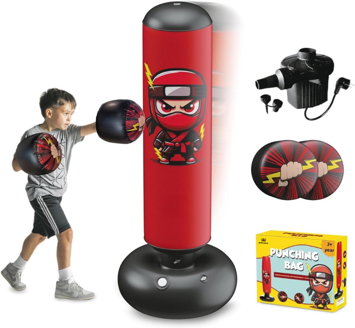 Imperatoris - Bokszak met Basis, Elektrische Pomp en Opblaasbare Bokshandschoenen - Boksbal voor Kinderen 3 tot 10 Jaar - Punching Bag - Kickboksen - Bokstrainer - Boksbal voor Boks en Kickboksen - 60 x 160 cm - Rood