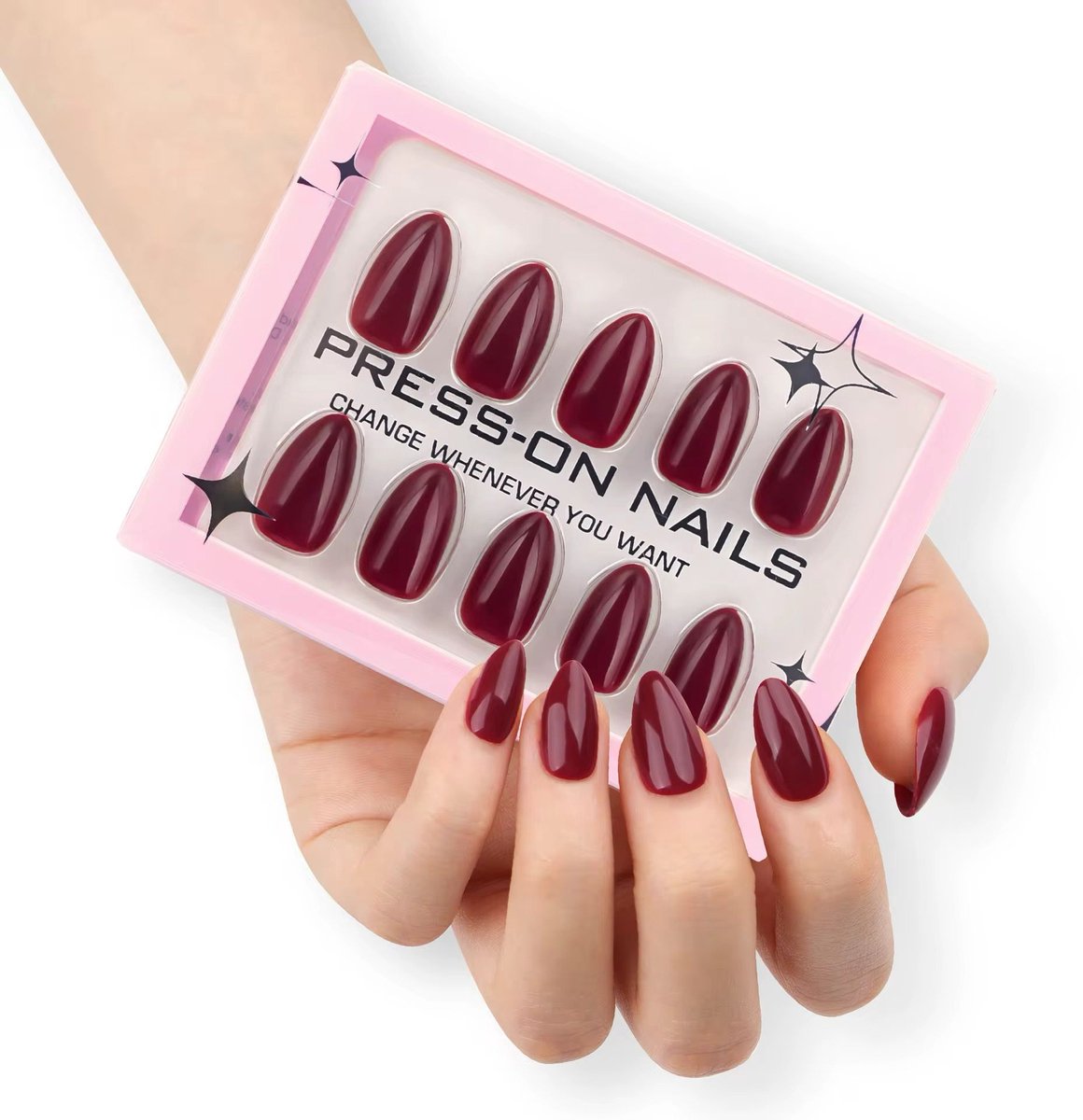 Press on nails – Nepnagels– Amandelvorm – 30 stuks – Kort - Wijnrood