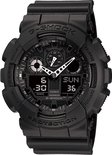 Zwarte G-Shock horloge met analoge en digitale wijzerplaat, grote kast en band.