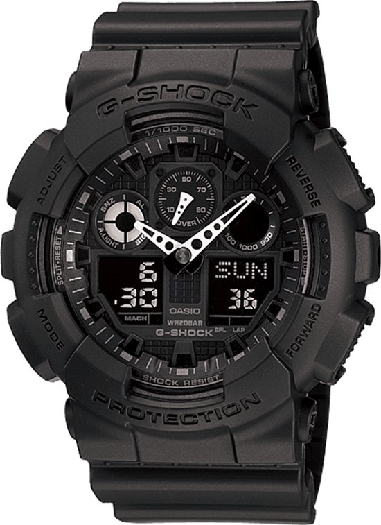 Zwarte G-Shock horloge met analoge en digitale wijzerplaat, grote kast en band.