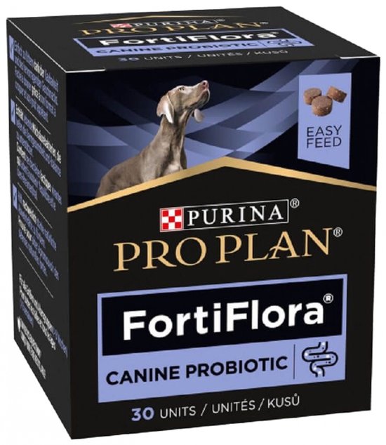 Doos Purina Pro Plan FortiFlora Canine Probiotic met 30 eenheden. Een hond kijkt naar boven.