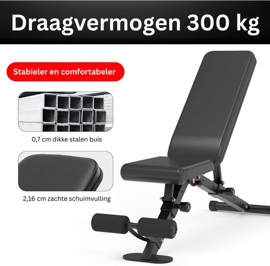Banc de musculation noir avec dossier et siège réglables. Avec "Capacité de charge 300 kg", "Plus stable et confortable", "Tube en acier de 0,7 cm d'épaisseur", "Rembourrage en mousse souple de 2,16 cm".