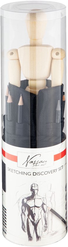 Nassau Fine Art Schets Set met houten modelpop en potloden in transparante verpakking.