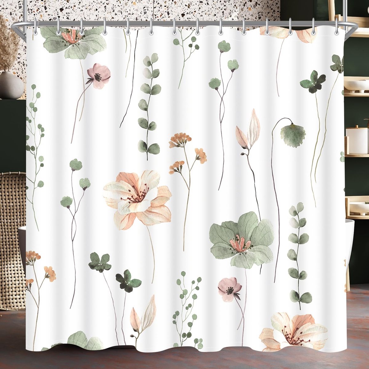 Ibenzoa® Waterafstotend Douchegordijn met Saliegroene Bloemen en Verzwaarde Zoom voor Badkamercomfort