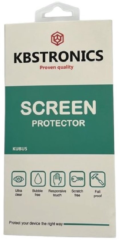 Verpakking van Kbstronics schermprotector met logo, tekst "Proven quality", "SCREEN PROTECTOR", "KUBUS" en iconen voor "Ultra clear", "Bubble free", "Responsive touch", "Scratch free", "Fall proof".
