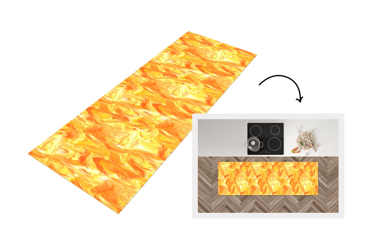 KitchenYeah Keukenloper 150x50 cm - Keukenmat vinyl Marmer - Oranje - Geel - Design - Keukenmatten loper - Keuken vloerkleed tapijt Verf