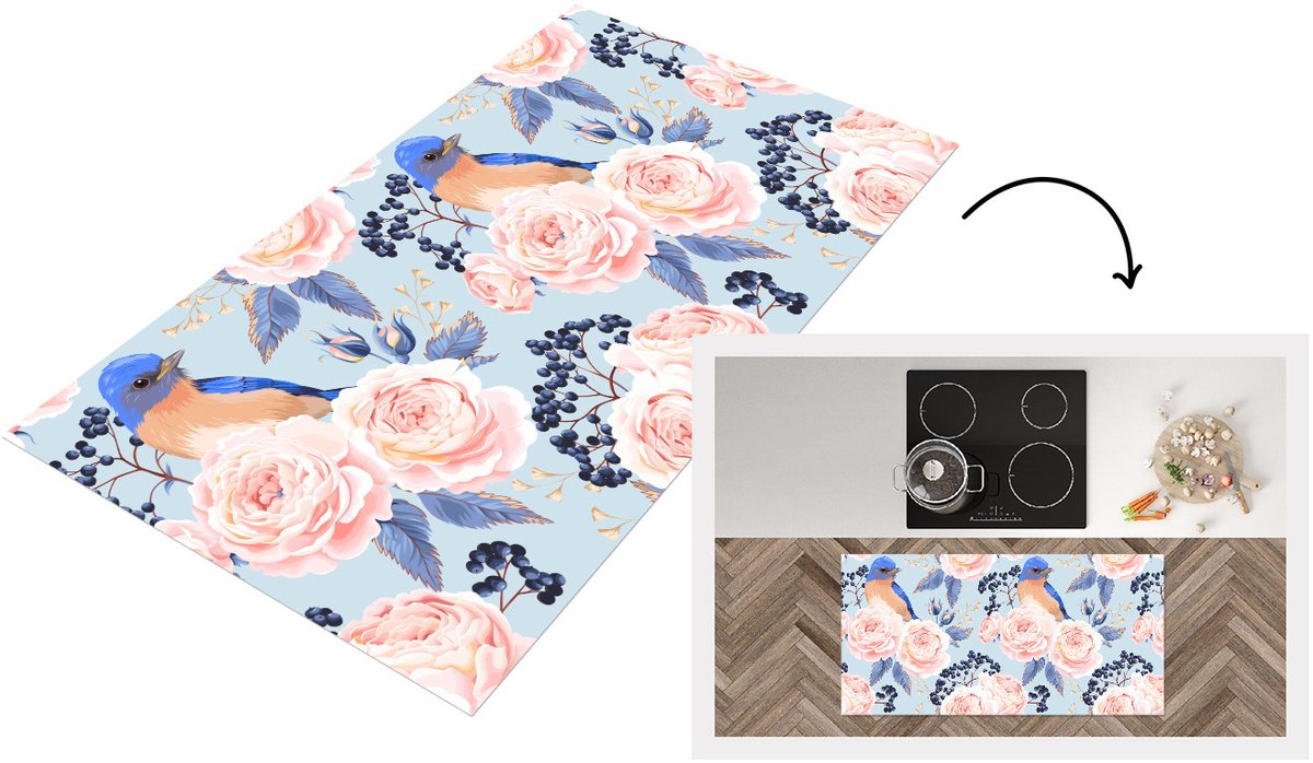 KitchenYeah Keukenloper 120x60 cm - Keukenmat vinyl Patronen - Roos - Vogel - Blauw - Keukenmatten loper - Keuken vloerkleed tapijt Rozen