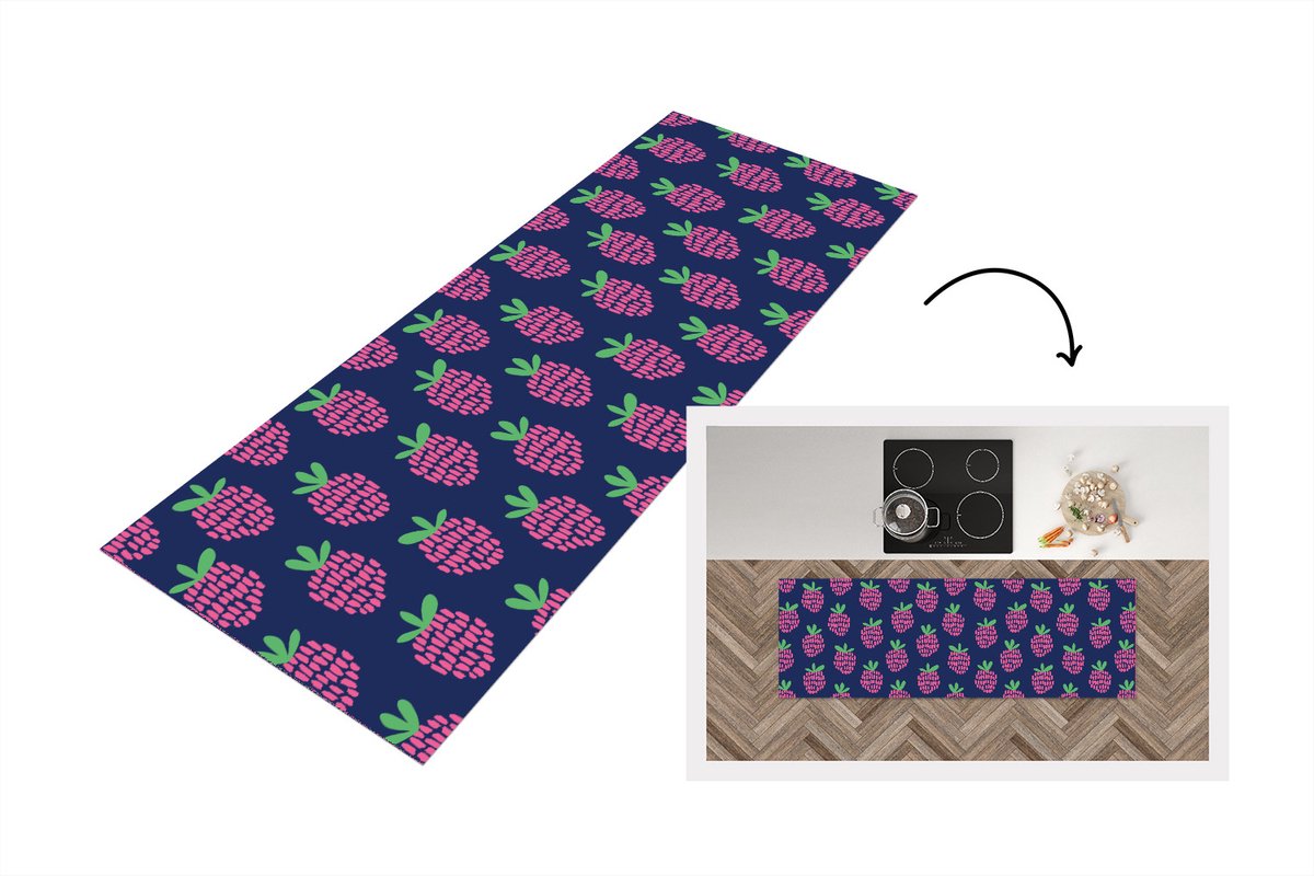 KitchenYeah Keukenloper 150x50 cm - Keukenmat vinyl Patroon - Framboos - Retro - Keukenmatten loper - Keuken vloerkleed tapijt