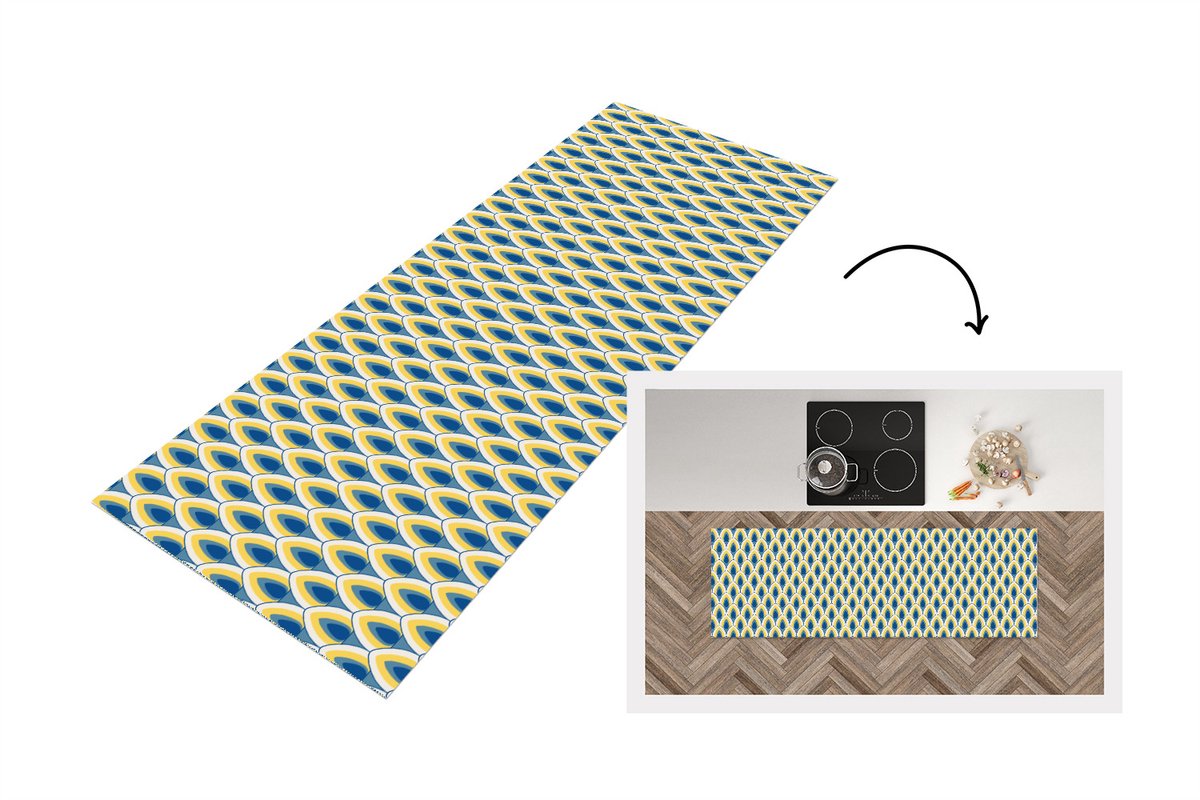 KitchenYeah Keukenloper 180x60 cm - Keukenmat vinyl Design - Patroon - Retro - Geel - Blauw - Keukenmatten loper - Keuken vloerkleed tapijt