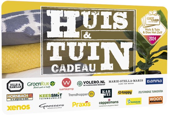 Huis & Tuin Cadeau giftcard met gele en grijs-witte gestreepte stoffen.