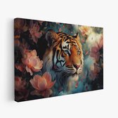 FineArtia - Majestueuze tijger in bloemenpracht - Canvas Schilderij - 90 x 60 cm - Woonkamer Decoratie - Bruin;Oranje - Slaapkamer Schilderij - Wanddecoratie