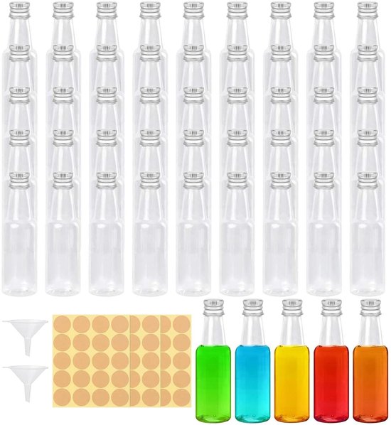 AZKEEGREY 50 stuks mini-flessen voor drank, 60 ml plastic flessen huwelijksgunsten, miniatuur alcoholfles met schroefdop, herbruikbare mini- fles voor koelkastfeesten en reizen AZKEEGREY 50 stuks mini-flessen voor drank, 60 ml plastic flessen huwelijksgunsten, miniatuur alcoholfles met schroefdop, herbruikbare mini- fles voor koelkastfeesten en reizen