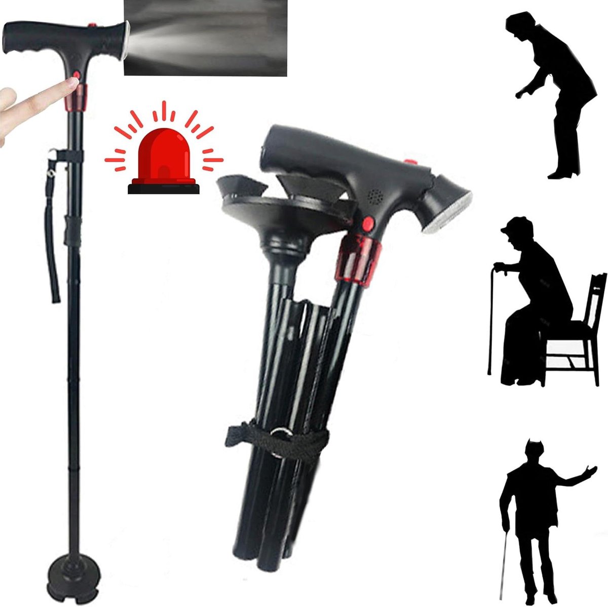 Allecto Plus - Opvouwbare Wandelstok met LED-verlichting voor Mannen en Vrouwen - In Hoogte Verstelbare Opvouwbare Wandelstok voor Ouderen met Zijhandvat - Verstelbare Stokken en Wandelstokken bij Artritis - Lichtgewicht en Draagbaar