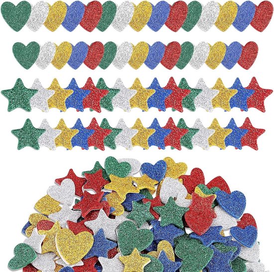 Allecto Plus - Stickers voor knutselen en plakboeken - 300 stuks kleurrijke glitter en ster hartstickers - ambachtelijke, DIY en creatieve kaartdecoratie