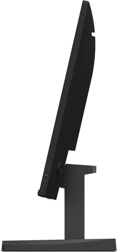 Zijaanzicht van een zwarte Lenovo 27-inch FHD monitor met een slank profiel en een stevige voet.