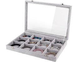 Allecto Plus - Sieradenlade met 12 roosters en slot - Grijs - Organizer voor kettingen, ringen en armbanden