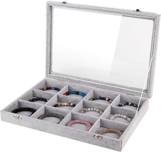 Allecto Plus - Sieradenlade met 12 roosters en slot - Grijs - Organizer voor kettingen, ringen en armbanden