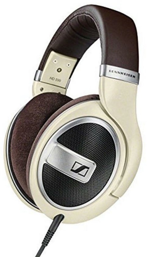 Crème Sennheiser HD 599 koptelefoon met bruine oorkussens en hoofdband.