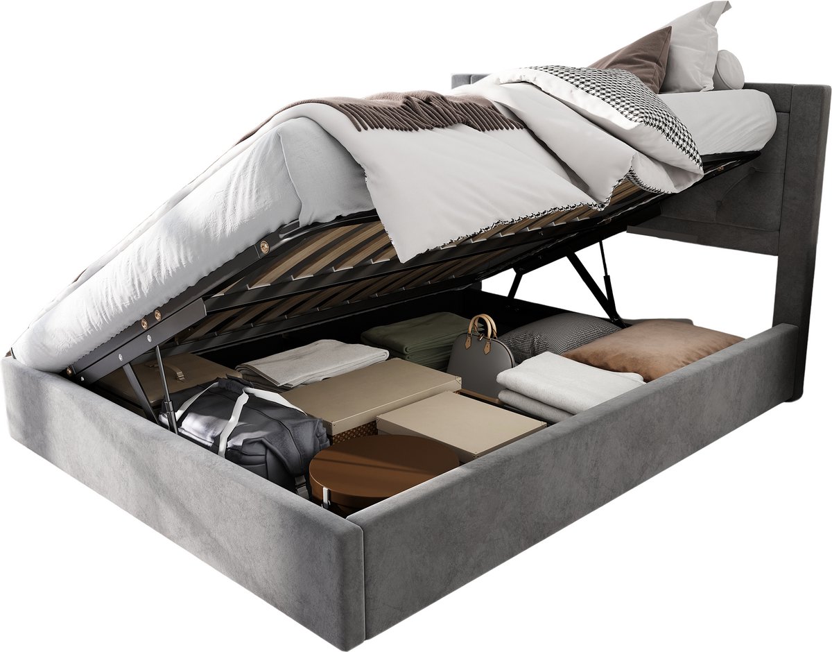 Merax Gestoffeerd Bed met Opbergruimte en Afneembare Ladebakken - Chesterfield-Stijl - 140x200cm - Grijs - Stalen Frame