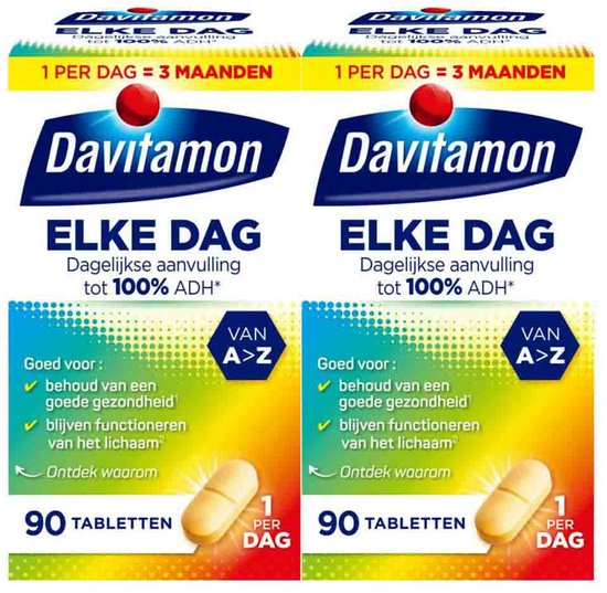Davitamon Elke Dag, dagelijkse aanvulling tot 100% ADH, voordeelverpakking van 2 x 90 tabletten.