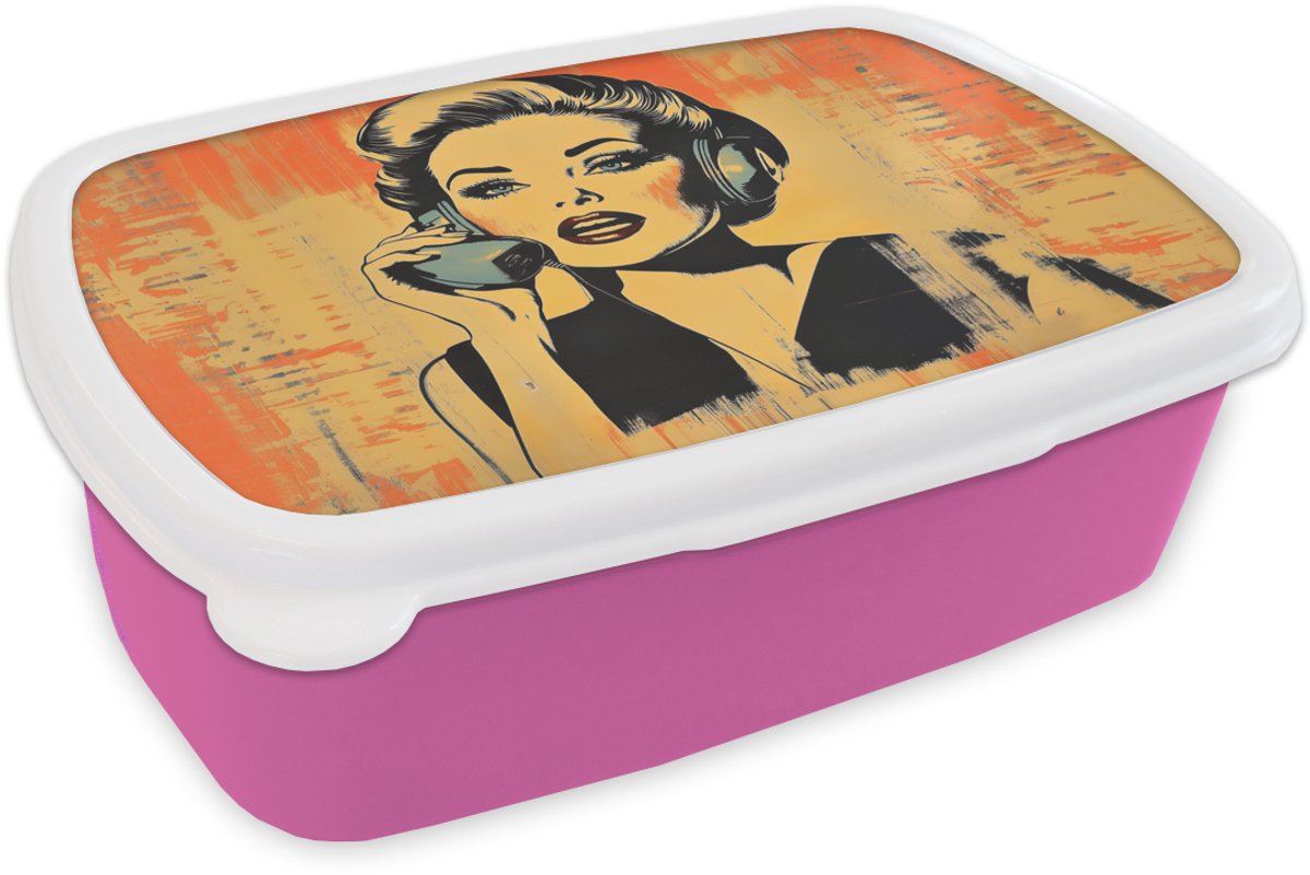 Broodtrommel Roze - Lunchbox Retro - Vrouw - Koptelefoon - Oranje - Brooddoos 18x12x6 cm - Brood lunch box - Broodtrommels voor kinderen en volwassenen