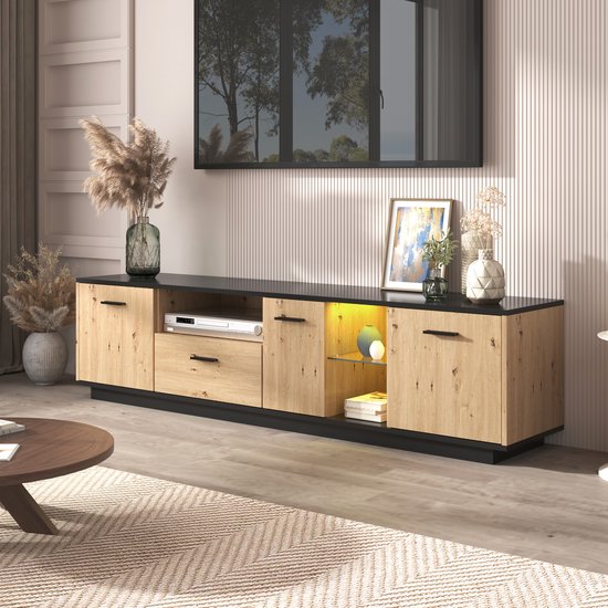 Mueble de TV Tvedestrand con puertas 140x40x55cm - Efecto madera/Negro [en.casa