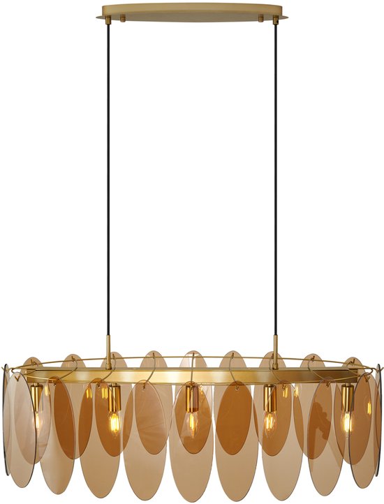 Gouden hanglamp met bruine, ovale schijven die langs een ovale gouden frame hangen. De lamp heeft 5 zichtbare gloeilampen.