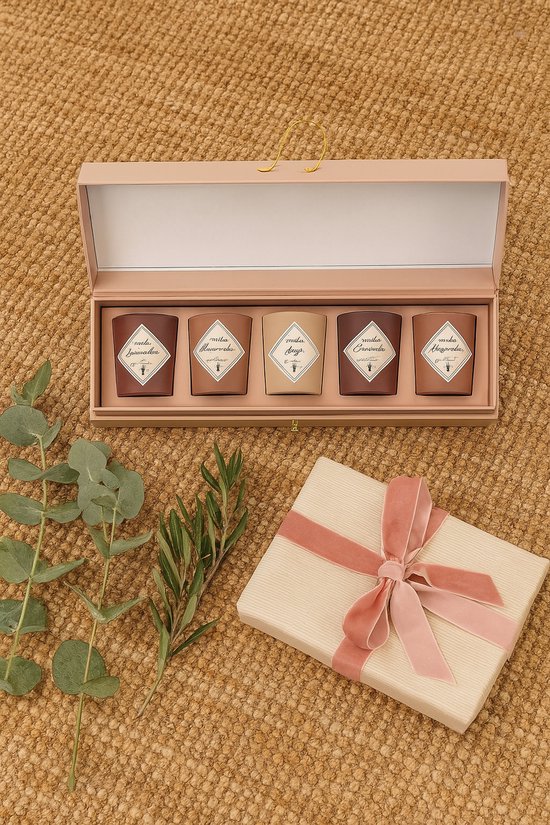 WDMT Bougies Coffret Cadeau - 5 Pièces - Emballage Bougies Set de Bougies - Coffret Cadeau avec 6 Bougies - Bougies parfumées de Luxe - Beige